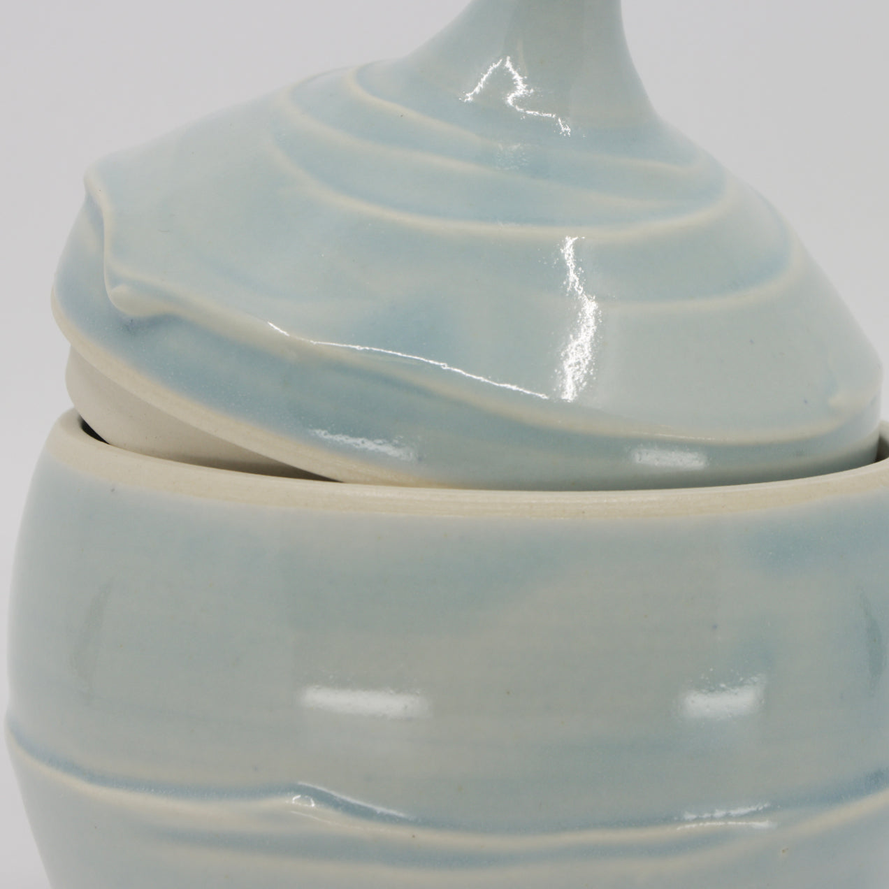 Détail de l'ouverture d'un pot à couvercle, tourné et décoré à la main par la céramiste Chantal Parisien.